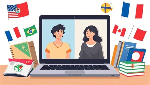 An illustration of a laptop screen displaying a virtual language exchange session between two individuals from different cultural backgrounds, surrounded by language textbooks, travel guides, and international flags, showcasing the diversity and interactivity of the platform.