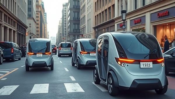 An urban street scene with futuristic-looking delivery pods seamlessly maneuvering through crowded streets, showcasing the efficiency and modernity of the autonomous delivery service.