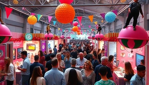 A vibrant and festive pop-up event setup with colorful decorations, interactive displays, and a bustling crowd of attendees enjoying the unique experience, capturing the excitement and energy of a PopUp Perfect event.