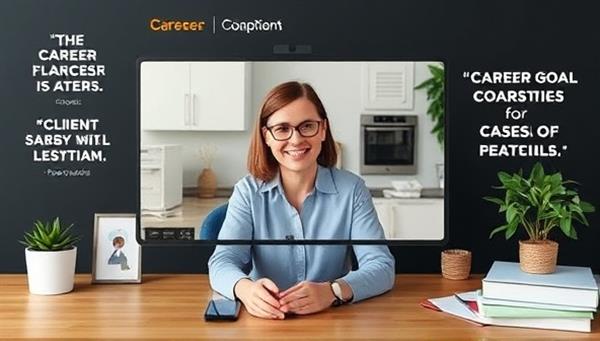 A virtual career coaching session setup with a coach discussing career goals and strategies with a client via video call, surrounded by motivational quotes and career development resources, conveying professionalism and support in career advancement.
