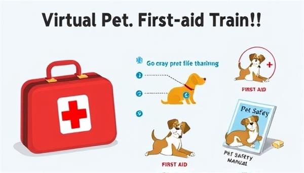 An engaging graphic depicting a virtual pet first aid training session with animated illustrations of CPR techniques on pets, a first aid kit, and a pet safety manual, conveying a sense of preparedness and care.