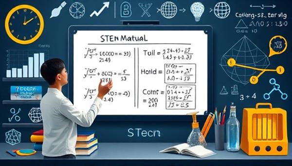 An educational and engaging visual featuring a virtual STEM tutor explaining a complex mathematical concept on a digital whiteboard, with equations and diagrams, surrounded by scientific symbols and tools, illustrating the platform
