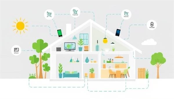 An innovative illustration of a smart home ecosystem with interconnected devices managing energy usage seamlessly, showcasing a modern and sustainable lifestyle that attracts environmentally conscious consumers to adopt the system for their homes.