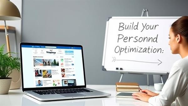A digital workspace featuring a laptop displaying social media profiles, branding guidelines, and content calendars, a whiteboard with branding strategies, and a professional working on brand optimization, symbolizing the process of building a strong personal brand online.