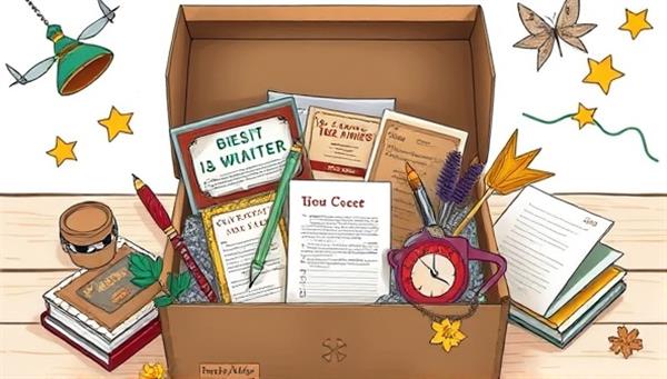 An artistic rendering of a thematic subscription box filled with writing essentials, thematic props, and creative prompts, arranged in a visually appealing and inspirational layout, capturing the essence of creativity and storytelling in a curated box for novel writers.