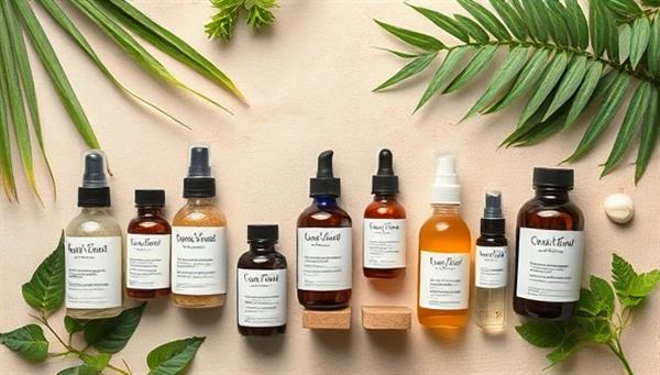 An artistic flat lay image showcasing a collection of natural beauty products from PureNaturals Market, including botanical skincare serums, nourishing hair oils, eco-friendly packaging, and plant-based cosmetics, arranged against a backdrop of lush greenery and soft earth tones, reflecting the essence of clean beauty and natural wellness in an online marketplace setting.
