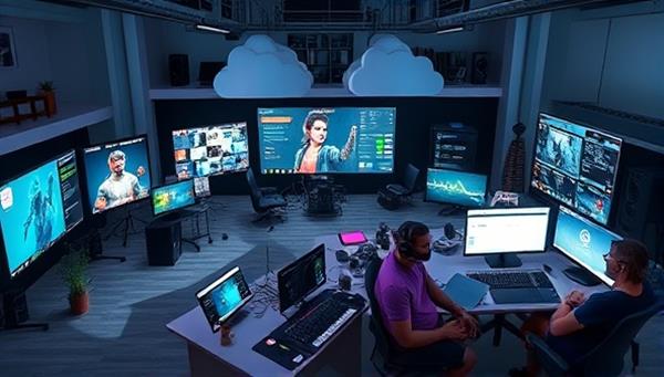 A virtual studio environment showcasing a diverse team of game developers and designers collaborating on a project with cloud-based tools and resources, featuring real-time editing, communication interfaces, and creative brainstorming sessions, illustrating the efficiency and creativity fostered by the collaboration platform.