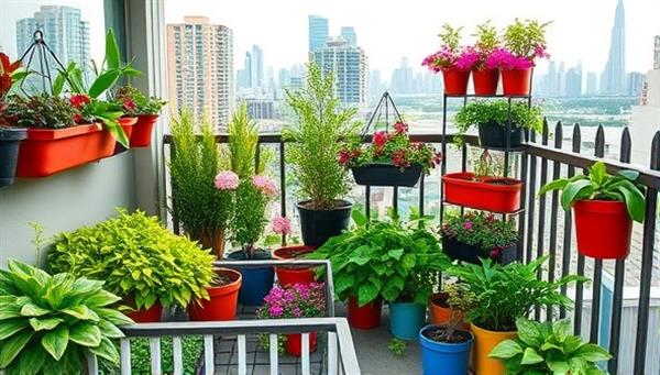 An urban balcony transformed into a lush garden oasis, featuring a variety of plants in colorful containers, hanging baskets, and vertical planters, with a backdrop of city skyline views, illustrating the beauty and functionality of urban gardening in limited spaces.