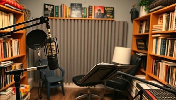 A professional recording studio setup with a microphone, soundproof booth, script stand, and audio mixing equipment, surrounded by shelves of books and literary paraphernalia, creating a cozy and creative atmosphere for podcast production tailored to indie authors.