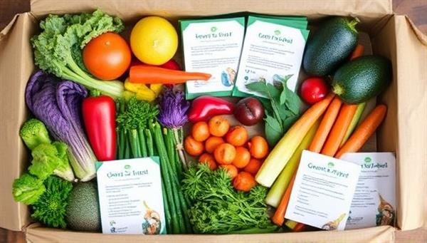 An assortment of vibrant plant-based ingredients neatly arranged in eco-friendly packaging, with recipe cards and cooking instructions, creating an inviting and sustainable meal preparation experience for customers of GreenPlate Gourmet