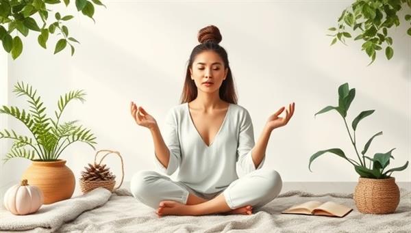 一张令人振奋的视觉图，展示了一位虚拟心理健康教练通过视频会话指导用户进行正念练习和情绪健康实践，周围环绕着宁静的自然元素和健康工具，传递放松、自我关怀和心理健康支持的理念。