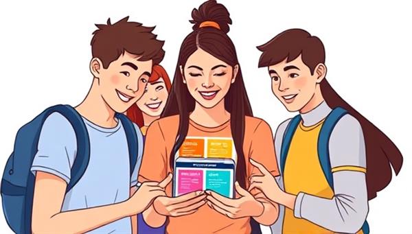 An illustration of a group of diverse teenagers interacting with a mobile app interface displaying colorful financial education modules and challenges, fostering a sense of empowerment and knowledge acquisition.
