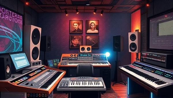 An artistically designed music studio environment with creative tools, musical instruments, and digital interfaces, illustrating a collaborative space where music producers and artists come together to craft unique sounds and compositions within the dynamic ecosystem of BeatForge Studio.