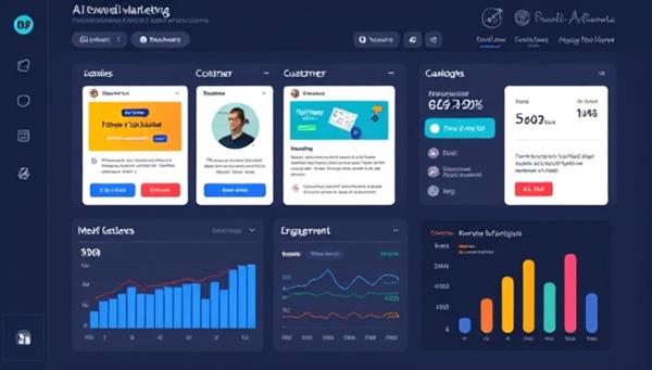 An AI-powered email marketing dashboard displaying personalized email templates, customer segmentation data, and engagement metrics, illustrating the platform