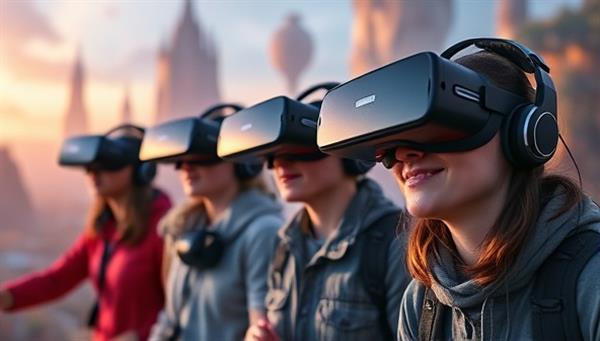 An exciting image of a group of people wearing VR headsets, immersed in a virtual game environment filled with futuristic landscapes and challenges, capturing the thrill and adventure of VR gaming experiences.