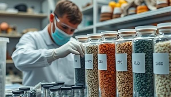 An image of a technician in a lab setting, carefully extracting minerals from electronic waste, with rows of neatly labeled containers filled with various minerals in the background, showcasing the eco-friendly and innovative process of mineral recycling.