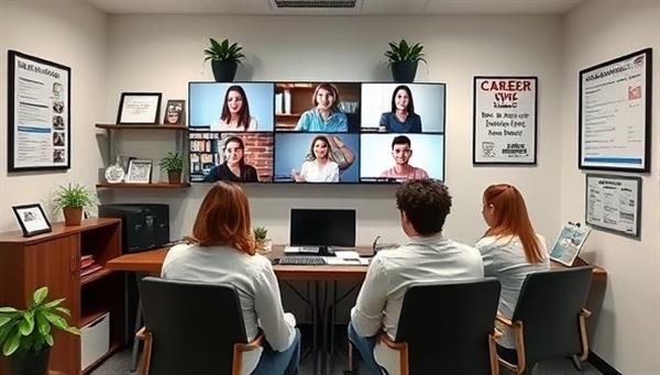 A virtual office space with career counselors interacting with clients via video calls, a wall of career resources and job listings, and motivational posters, creating a professional and supportive environment for career counseling and coaching.