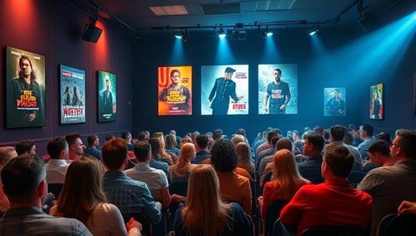 An immersive virtual movie theater setting with movie posters, popcorn, and a diverse audience of film enthusiasts engaged in a film discussion, capturing the communal and cinematic experience of a movie club gathering.