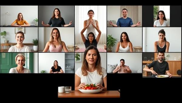An online wellness workshop session with diverse participants engaging in yoga poses, meditation, and healthy cooking demonstrations, exuding a sense of community and well-being.