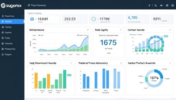 A digital dashboard displaying real-time procurement data, bid submissions, and contract awards, with graphs and charts illustrating procurement trends and vendor performance, promoting transparency and accountability.