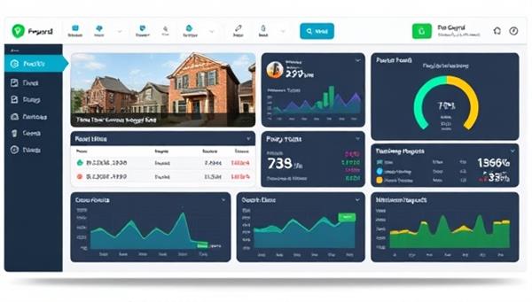 A digital dashboard screenshot of the PropGuard remote property management platform, displaying real-time property data, tenant communication logs, maintenance requests, and financial reports, illustrating the platform