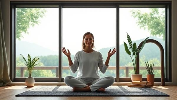A serene virtual wellness session with a coach guiding remote workers through relaxation exercises, surrounded by calming nature visuals and wellness tools, creating a tranquil and rejuvenating atmosphere for mental well-being.