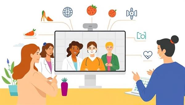 An engaging virtual consultation scene showing a diverse group of wellness professionals on a video call with a client, surrounded by icons representing nutrition, fitness, mental health, and holistic wellness, conveying a sense of comprehensive care.