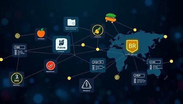 A sleek digital visualization of a blockchain network connecting various stages of the food supply chain, with animated data blocks representing product information, certifications, and origin details flowing seamlessly from farms to consumers, symbolizing transparency and trust in agri-traceability.