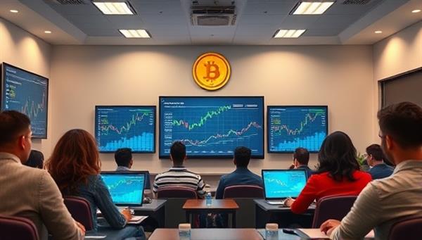 A vibrant and modern digital classroom setting with interactive charts and graphs on screens, a diverse group of students engaged in learning, and a prominent CryptoPro Academy logo in the background, symbolizing knowledge and financial growth.