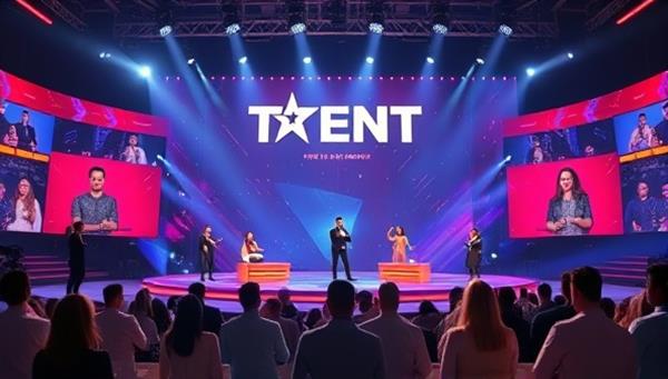 A virtual talent show stage featuring diverse performers showcasing their talents, judges providing feedback, a live audience cheering and voting, with vibrant lights and interactive features, creating a dynamic and engaging virtual talent show experience for participants and viewers alike.