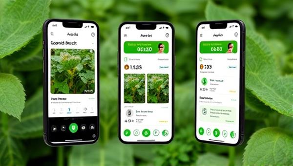 An engaging mobile screen mockup of the AgroAI Detect app interface displaying a user capturing a photo of diseased crops with real-time disease detection results and treatment suggestions, highlighting the app