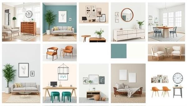 A digital mood board showcasing various interior design elements such as color schemes, furniture styles, and decor accents, arranged in a visually appealing and cohesive layout to inspire clients and illustrate the virtual design process.