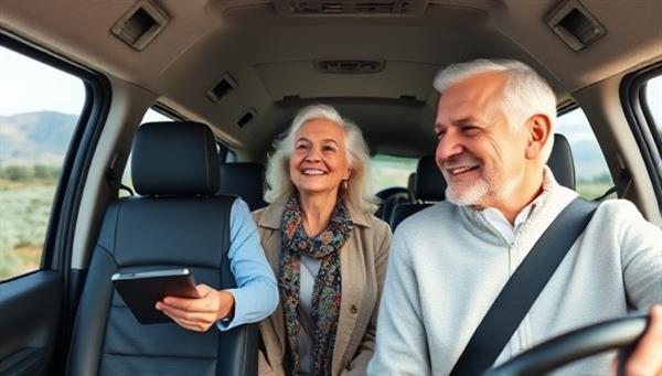 An uplifting image portraying a senior couple smiling as they board a shuttle vehicle, assisted by a friendly driver, with a background of serene landscapes and comforting interior features, evoking a sense of security and care in senior transportation services.