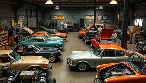 An atmospheric workshop filled with vintage cars in various stages of restoration, showcasing skilled craftsmen working on classic engines and bodywork, surrounded by tools and historical automotive memorabilia, capturing the essence of RetroRevive Garage