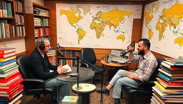 An eclectic podcast studio setup with hosts surrounded by language textbooks, cultural artifacts, and world maps, creating an immersive and educational atmosphere for language learning enthusiasts tuning in to LingoLounge.