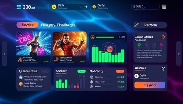 An interactive platform interface displaying gaming challenges intertwined with fitness exercises, progress trackers, and motivational messages, creating a visually engaging and gamified fitness experience for users, blending gaming and wellness seamlessly.