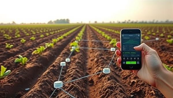 An agricultural field with rows of crops and a network of soil sensors embedded in the ground, transmitting data wirelessly to a farmer