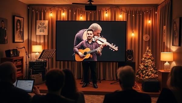 An intimate virtual concert setting with a musician performing live on-screen, surrounded by personalized decorations and messages from the audience, creating a heartfelt and exclusive musical experience tailored to the individual