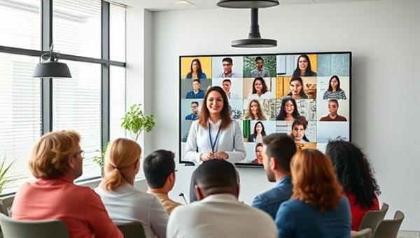 A virtual diversity training session with a consultant facilitating a group discussion on inclusion strategies on a digital platform, surrounded by diverse participants from different backgrounds engaged in the conversation, promoting diversity and collaboration in the workplace.