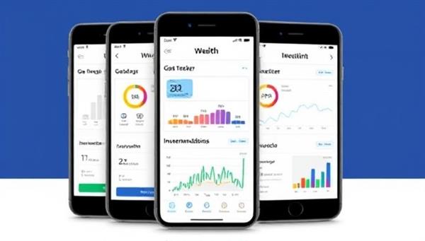 An interactive mobile app interface displaying wealth management tools, goal trackers, and investment recommendations, with colorful graphs and charts illustrating financial progress and projections, symbolizing the comprehensive financial planning features offered by WealthWise Pro.