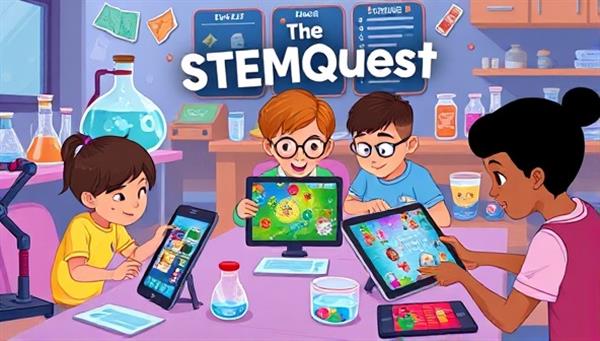An animated illustration of students playing interactive STEM games on tablets and laptops, surrounded by science equipment and digital devices, showcasing the fun and educational nature of the STEMQuest platform.