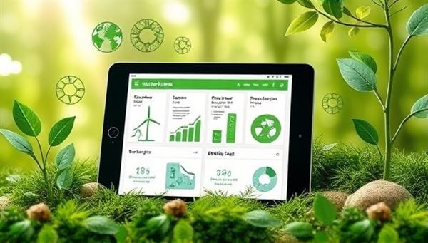 An environmentally themed image featuring a digital tablet displaying sustainable investment options, green energy projects, and ethical funds, surrounded by lush greenery and eco-friendly symbols, conveying the concept of responsible finance and positive impact investing.