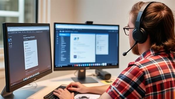 A tech-savvy professional assisting a client remotely by guiding them through a software setup process on a computer screen, showcasing efficient and helpful technical support services.