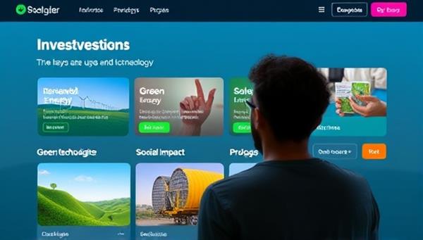 An interface showing a user exploring investment options related to renewable energy, green technologies, and social impact projects, with vibrant visuals and sustainability metrics highlighting the platform