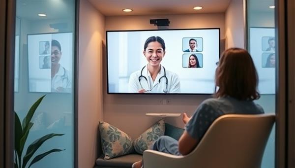 An inviting and modern telehealth booth with a person comfortably seated inside, engaging in a virtual consultation with a healthcare provider displayed on a large screen, showcasing convenience and privacy.