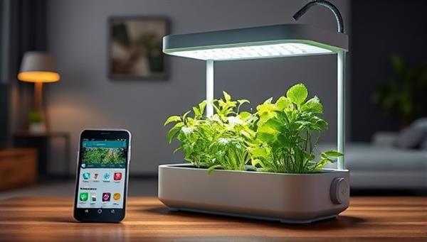 A modern and sleek indoor gardening setup featuring a smart planter with vibrant herbs growing under LED lights, a smartphone displaying the gardening app interface, and a stylish interior background that conveys a harmonious blend of technology and nature within a contemporary living space.