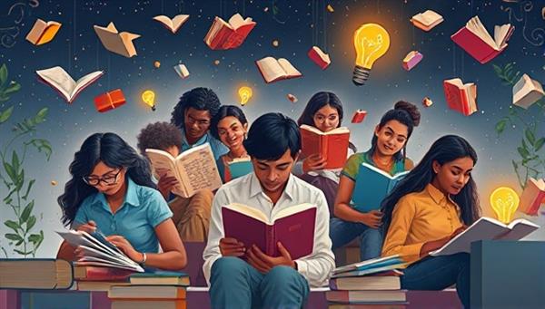 An imaginative digital illustration of a diverse group of writers immersed in their creative process, surrounded by floating books, glowing lightbulbs, and fantastical elements that symbolize storytelling and inspiration, capturing the magic and wonder of the writing community experience.