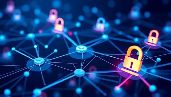 An abstract representation of a digital network with interconnected nodes and secure blockchain blocks, symbolizing the secure and decentralized nature of blockchain-based digital identity verification in a visually striking and futuristic manner.
