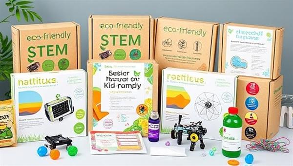 An array of colorful eco-friendly STEM kits with recycled packaging, featuring solar-powered robotics, biodegradable materials, and instructions for hands-on experiments, highlighting the educational and sustainable aspects of the subscription service.
