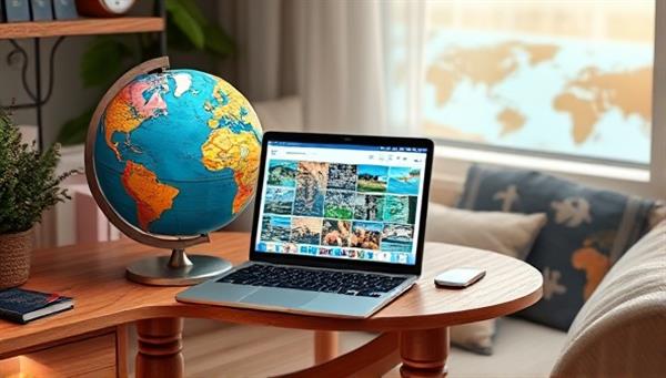 A digital workspace featuring a globe, passport, laptop displaying travel destinations, and a cozy corner with travel guides and inspirational photos, creating an ambiance of wanderlust and adventure.